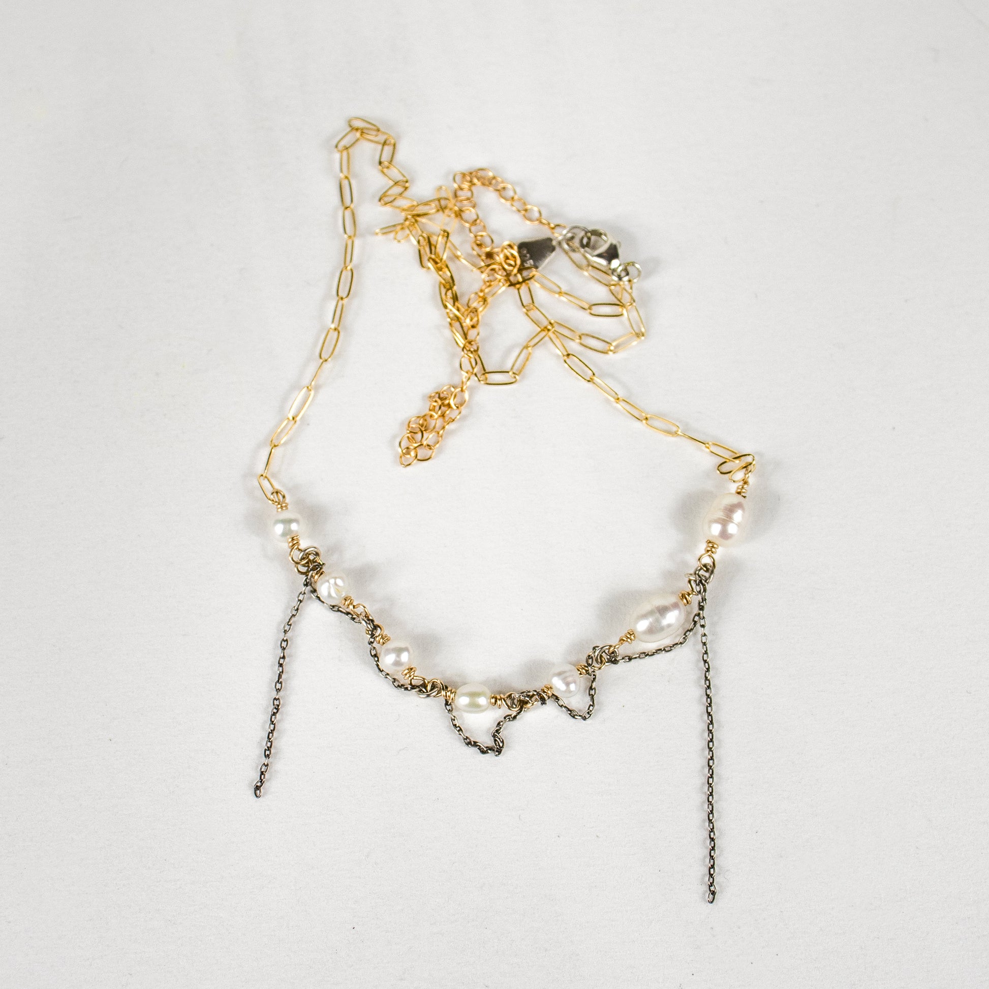 Gold-filled paperclip chain necklace hand-beaded with freshwater pearls and threaded with sterling silver fine chain adjustable 16 - 20 inches handmade and finished in our Catskills store-studio with reclaimed precious metals.