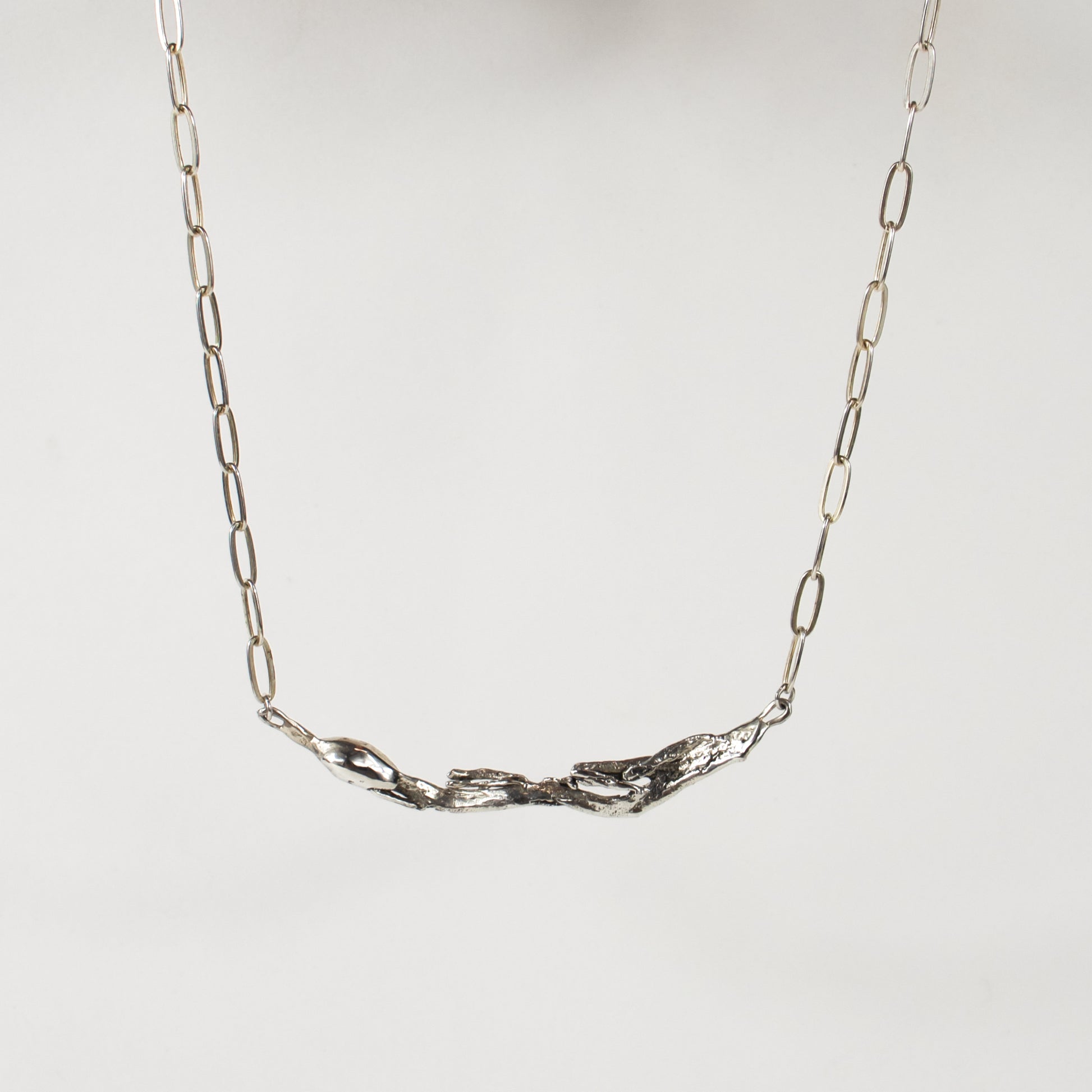 Reclaimed sterling silver 3 inch seaweed feather on sterling paperclip chain adjustable 16-18 inches handmade and finished in our Catskills store-studio by Icelandic designer, Johanna Methusalemsdottir.