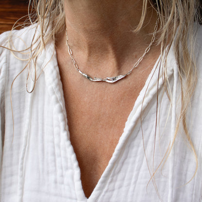 Reclaimed sterling silver 3 inch seaweed feather on sterling paperclip chain adjustable 16-18 inches handmade and finished in our Catskills store-studio shown on model.