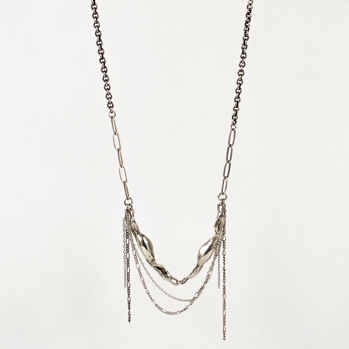 Two reclaimed sterling silver or brass 2 inch seaweed feathers with sterling mixed-chain tassels on sterling paperclip chain adjustable 16-18 inches handmade and finished in our Catskills store-studio.