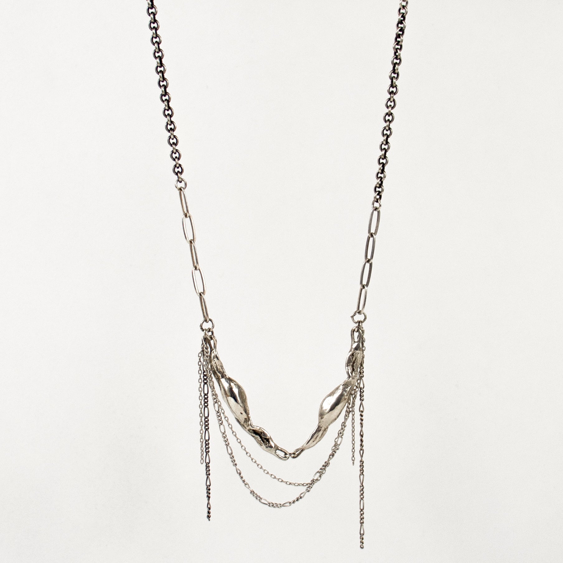 Two reclaimed sterling silver or brass 2 inch seaweed feathers with sterling mixed-chain tassels on sterling paperclip chain adjustable 16-18 inches handmade and finished in our Catskills store-studio.