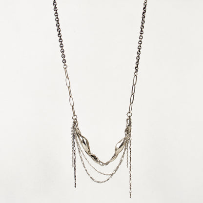 Two reclaimed sterling silver or brass 2 inch seaweed feathers with sterling mixed-chain tassels on sterling paperclip chain adjustable 16-18 inches handmade and finished in our Catskills store-studio.