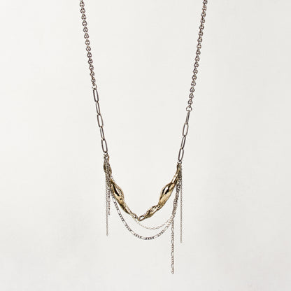 Two reclaimed sterling silver or brass 2 inch seaweed feathers with sterling mixed-chain tassels on sterling paperclip chain adjustable 16-18 inches handmade and finished in our Catskills store-studio