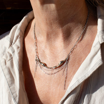 Two reclaimed sterling silver or brass 2 inch seaweed feathers with sterling mixed-chain tassels on sterling paperclip chain adjustable 16-18 inches handmade and finished in our Catskills store-studio.