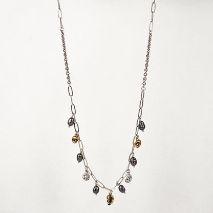 Reclaimed sterling silver and brass seaweed pods 5 mm each beaded with six 4 mm black pearls on mixed sterling chain adjustable 16-18 inches handmade and finished in our Catskills store-studio