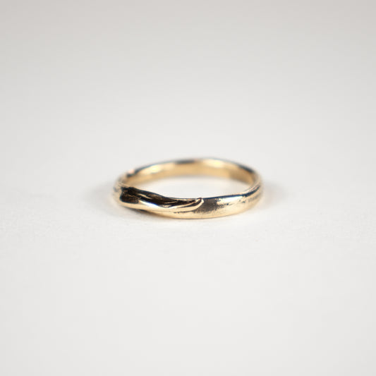 Solid reclaimed 10k gold wraparound fishbone ring adjustable to sizes 5.5 - 9.5 and handmade and finished in our Catskills store-studio by Icelandic designer, Johanna Methusalemsdottir.