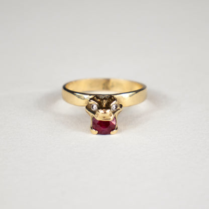 Solid reclaimed 14k gold vertebrae Crown ring with a single 5 mm ruby and two 2 mm diamonds all in natural settings with a band-width of 2.5 mm made-to-order and finished in our Catskills store-studio.