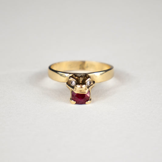 Solid reclaimed 14k gold vertebrae Crown ring with a single 5 mm ruby and two 2 mm diamonds all in natural settings with a band-width of 2.5 mm made-to-order and finished in our Catskills store-studio.