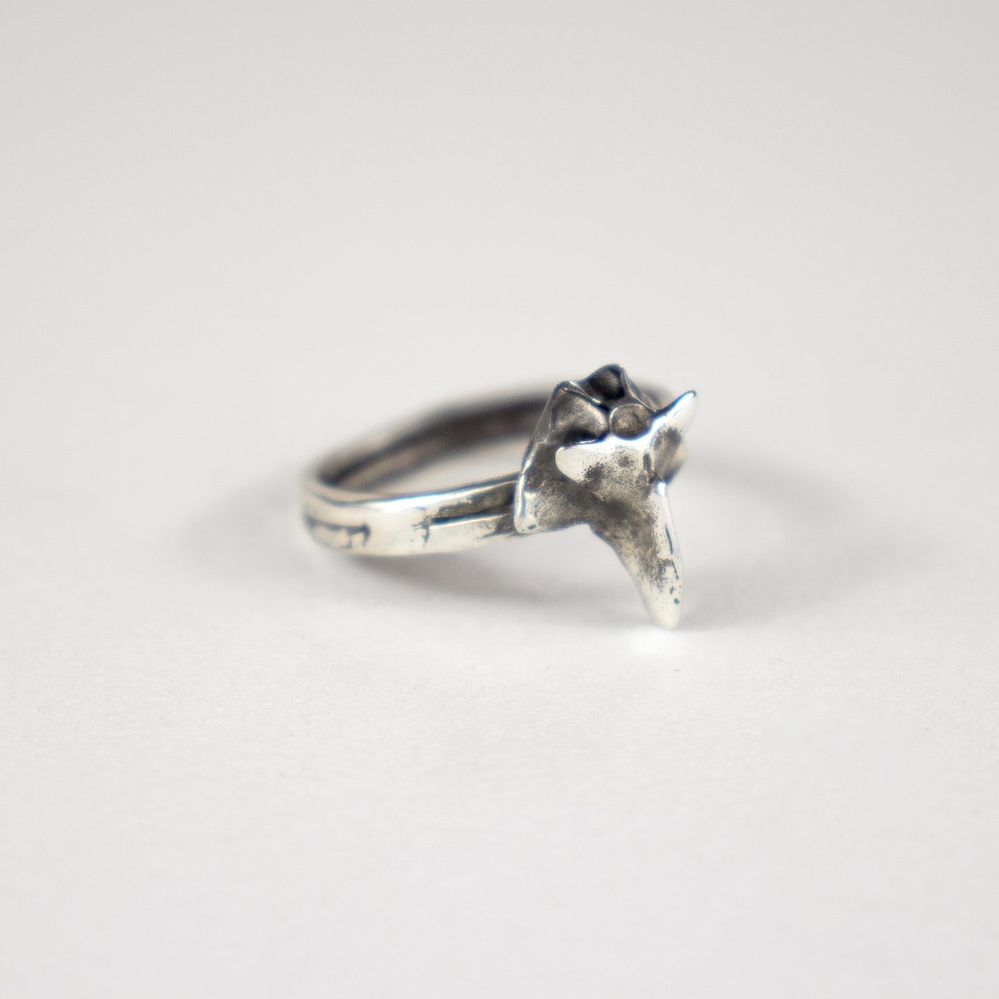 Solid reclaimed sterling silver butterfly bird-bone ring handmade and finished in our Catskills store-studio.