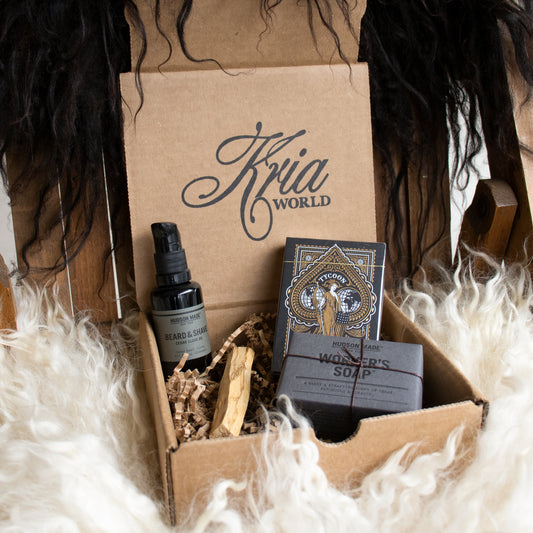 Curated items with a hard-working spirit in mind including a 4 oz Workers Soap by Hudson Made, 1 oz Cedar Clove Beard & Shave Oil by Hudson Made, SEFOR-certified Palo Santo stick, and deck of ornate playing cards.