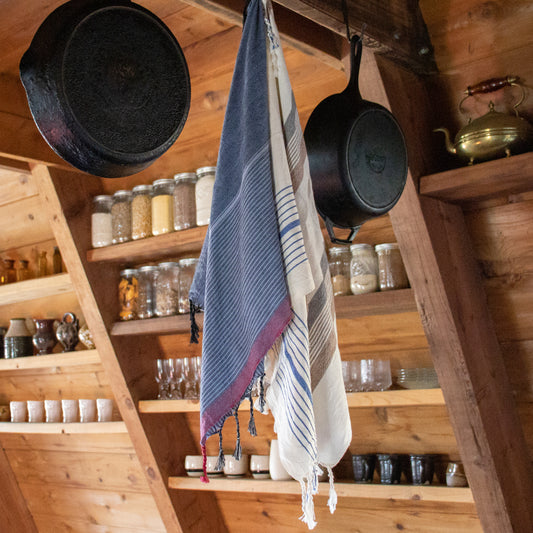 100% premium Turkish cotton hand towels—highly absorbent, lightweight, quick to dry, and perfect for the kitchen or bath. 17 x 25 inches overall hand-loomed and hand-dyed by Turkish artisans for woman-owned Home & Loft of New York.