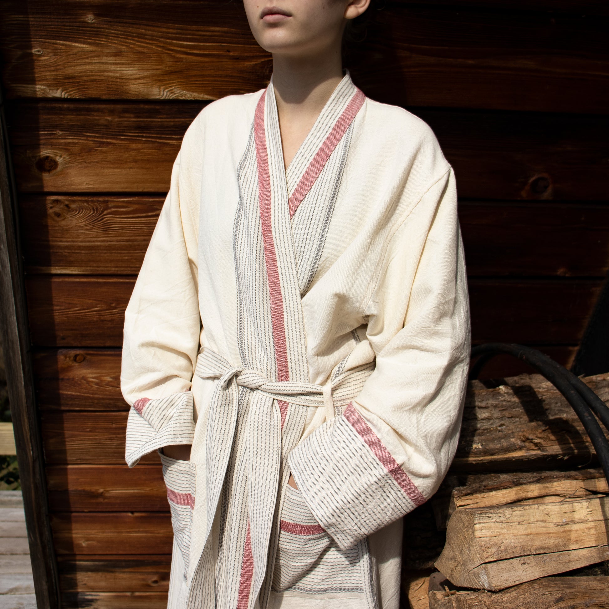 100% premium Turkish cotton long robes hand-loomed and woven by Mediterranean women artisans using traditional techniques for women owned and run Home & Loft of New York.
