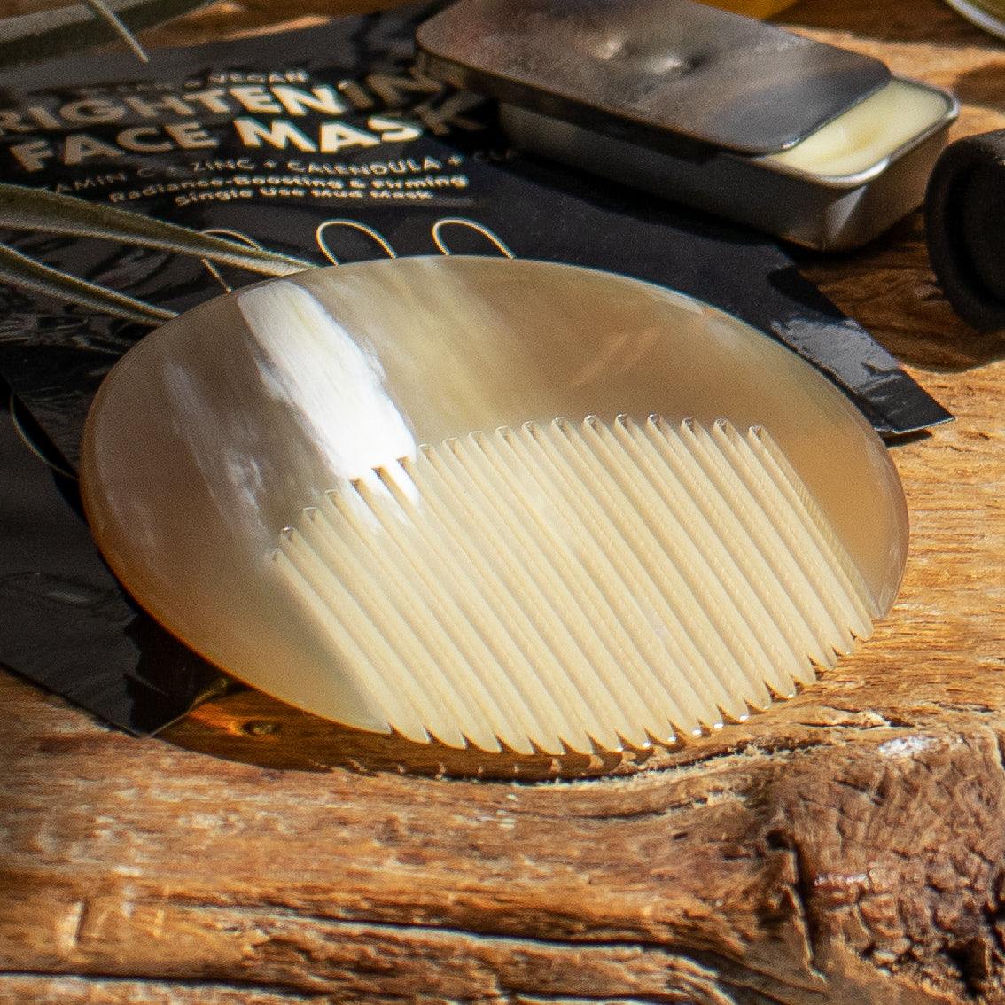 These horn combs measuring 3 inches across made from up-cycled sheep horn were common in Southeast Asia and China as early as the 16th century and have natural benefits for hair like not causing static electricity, reducing frizziness, massaging the scalp to stimulate capillaries and boost hair growth, and reducing hair loss and headaches. Horn and human hair have the same long chain protein and are rich in natural amino acids and keratin.