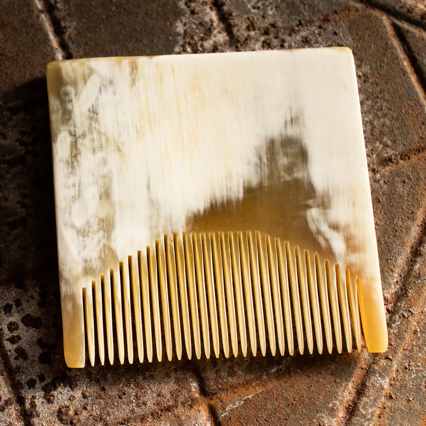 These horn combs measuring 3 inches across made from up-cycled sheep horn were common in Southeast Asia and China as early as the 16th century and have natural benefits for hair like reducing static electricity, frizziness hair loss and headaches, and massaging the scalp to stimulate capillaries and boost hair gro