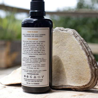 Farm-to-body botanical products made with local farmers by Hudson Made, NY to moisturize and balance the skin and as aromatherapy by adding a few drops to your bath.