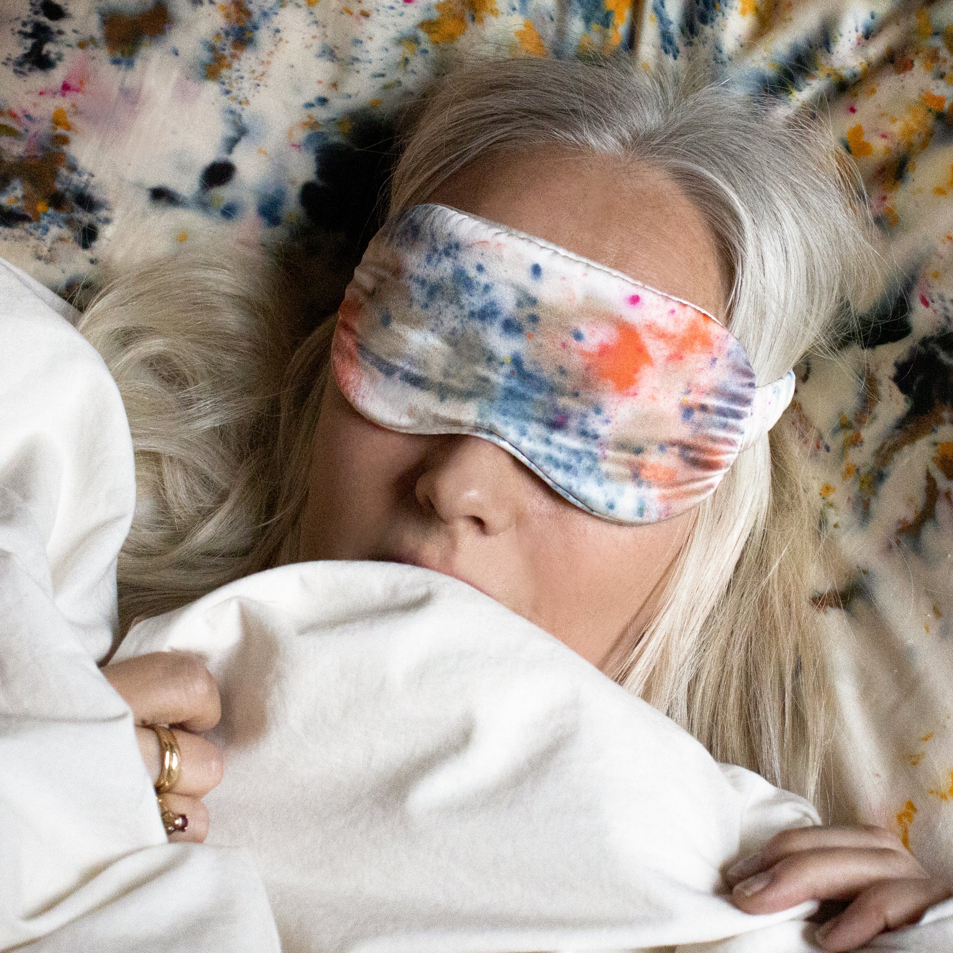 100% silk eye masks hand-dyed by us. Helps prevent dry eyes and cooling the face while “dark sleeping” in general increases melatonin and time in the REM cycle helping you sleep deeply through the nigh