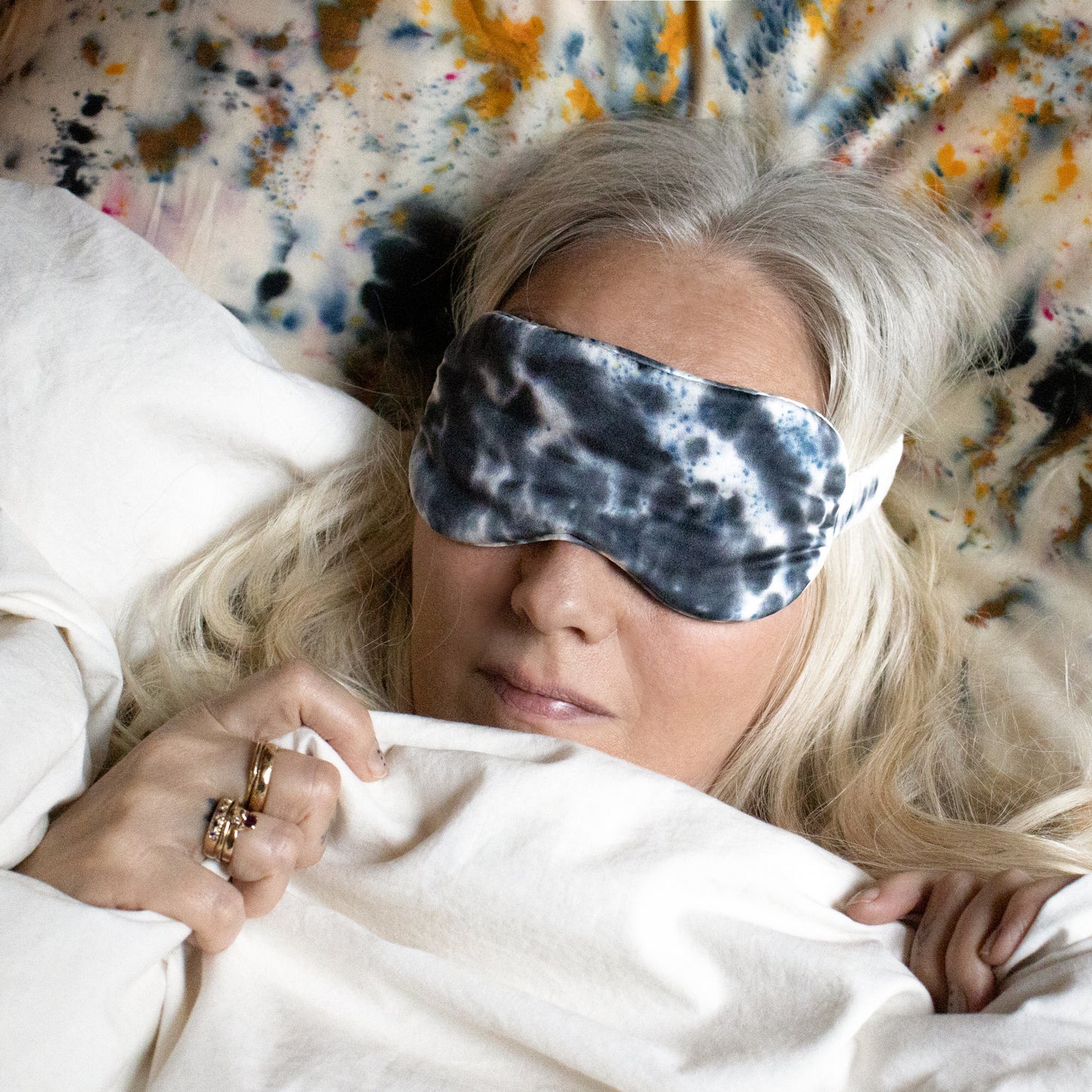 100% silk eye masks hand-dyed by us. Helps prevent dry eyes and cooling the face while “dark sleeping” in general increases melatonin and time in the REM cycle helping you sleep deeply through the nigh