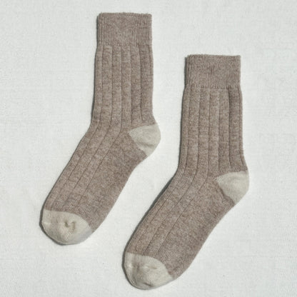 Le Bon Shoppe Classic Cashmere Socks are blended featuring wide ribbing detail, tonal contrasting heel and toe and available in Fawn and Rose Petal.