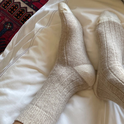 Le Bon Shoppe Classic Cashmere Socks are blended featuring wide ribbing detail, tonal contrasting heel and toe and available in Fawn and Rose Petal.