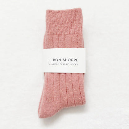 Le Bon Shoppe Classic Cashmere Socks are blended featuring wide ribbing detail and tonal contrasting heel and toe. A revival of a style from the days of tailored clothing and available in Red and Rose Petal.