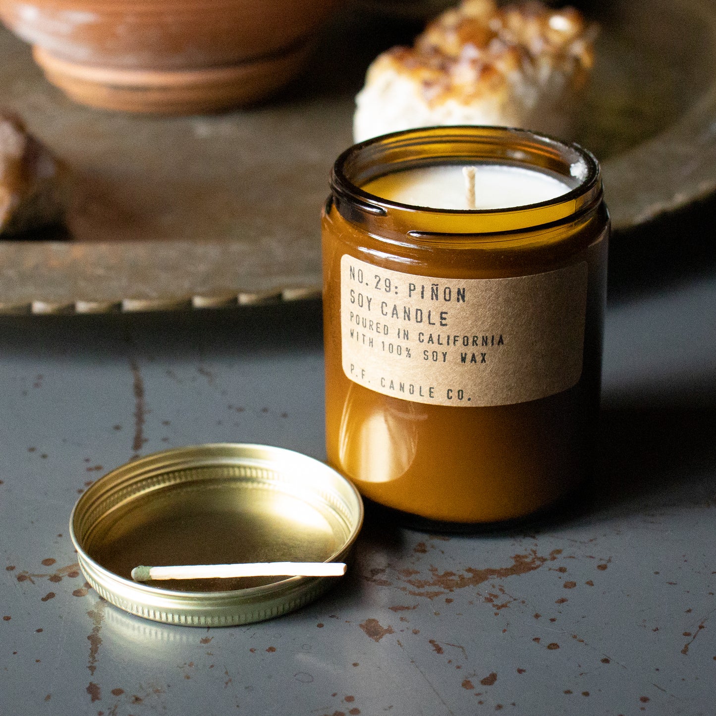 "Winters in the Southwest, lingering bonfires, wool jackets in rotation, Piñon logs, cedar, and vanilla" is how Los Angeles-based P.F. Candle Co. describe their hand-poured 100% soy candles meant for dressers, countertops, nightstands or basically anywhere.